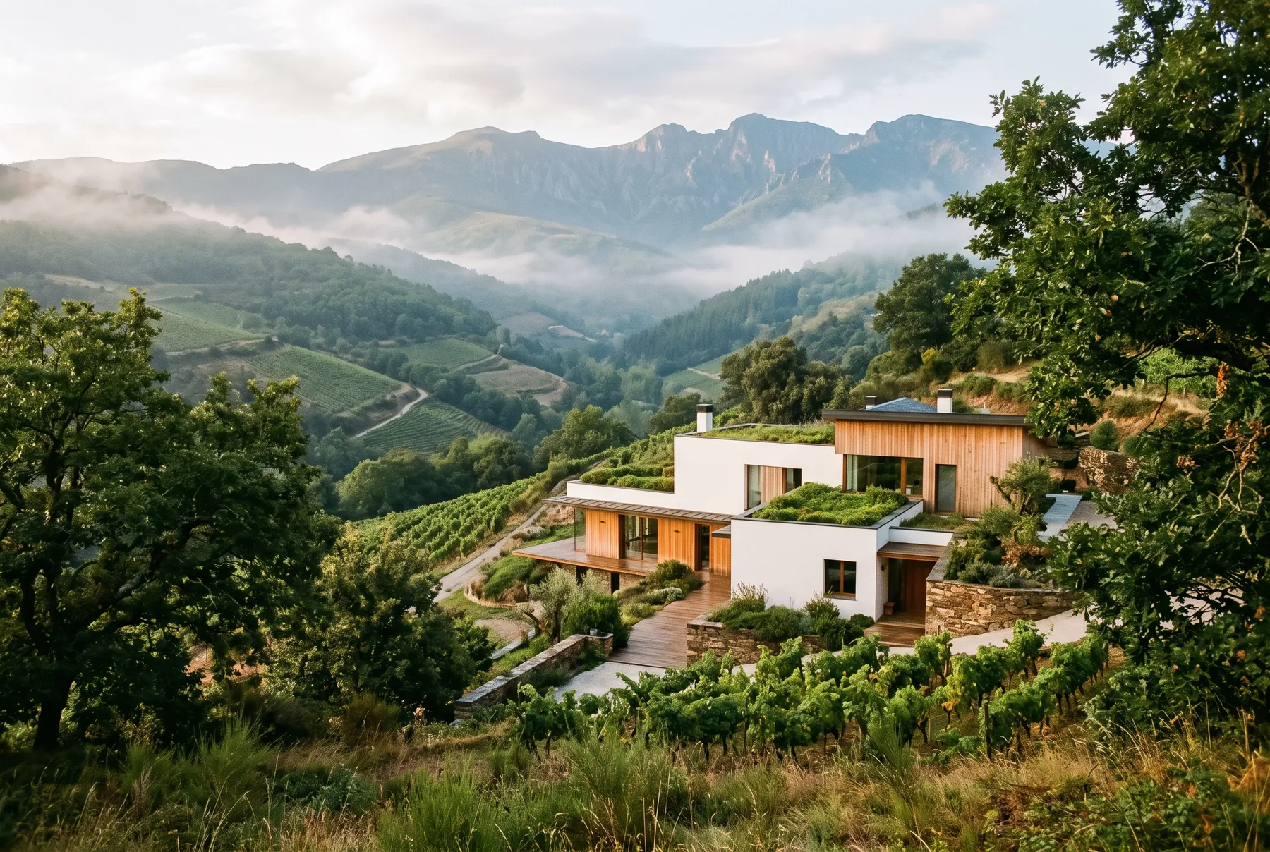 Edificio contemporáneo integrado en un paisaje verde de montaña