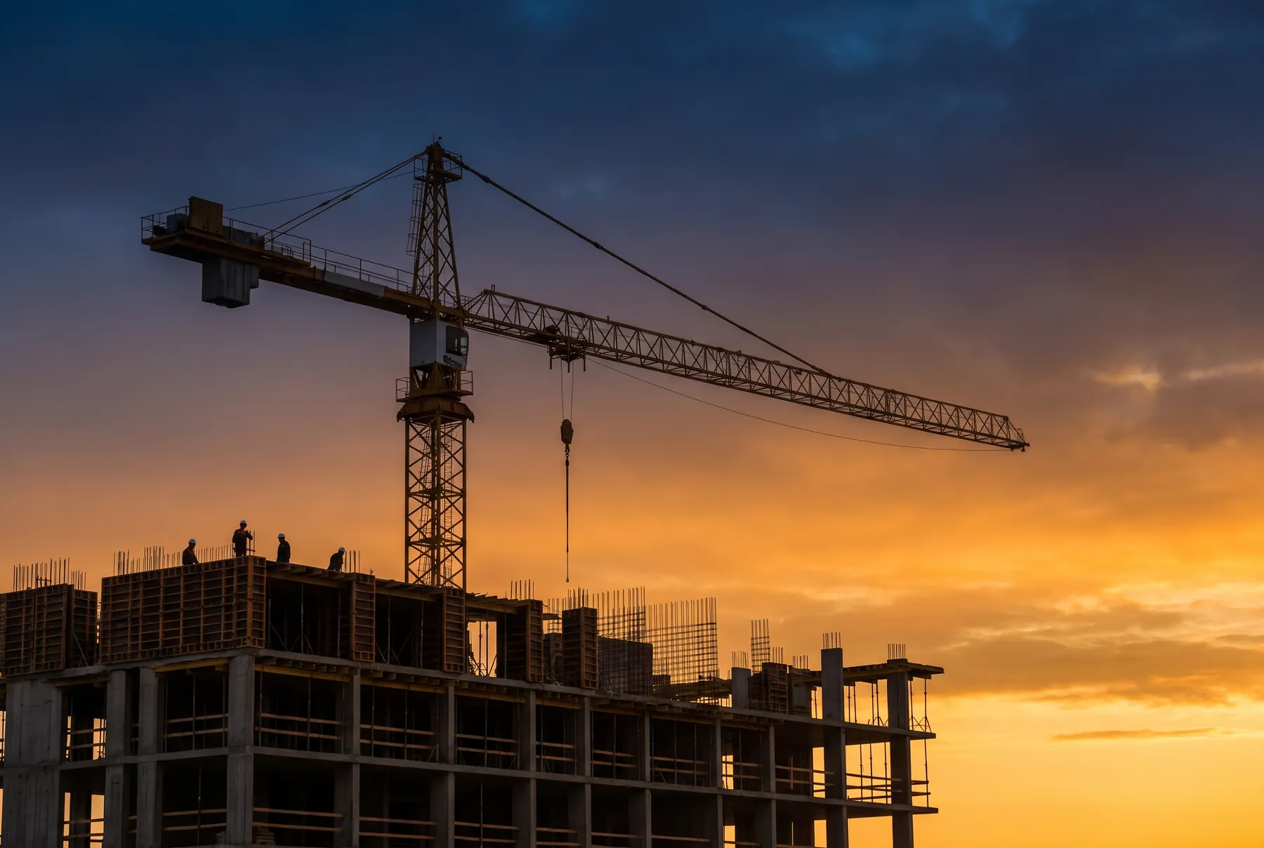 Grúa torre al amanecer sobre una estructura de hormigón en construcción