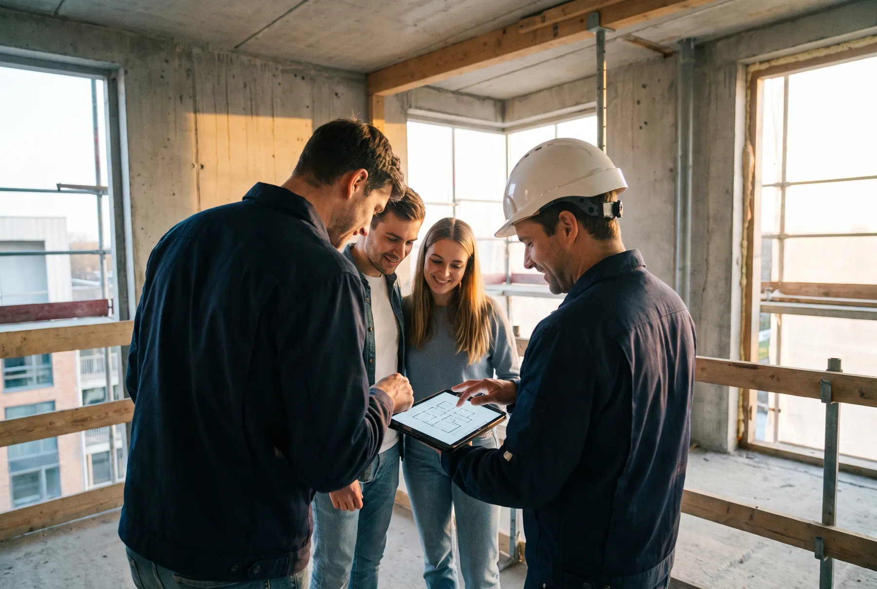 Técnico explicando los planos a una familia en su futura vivienda