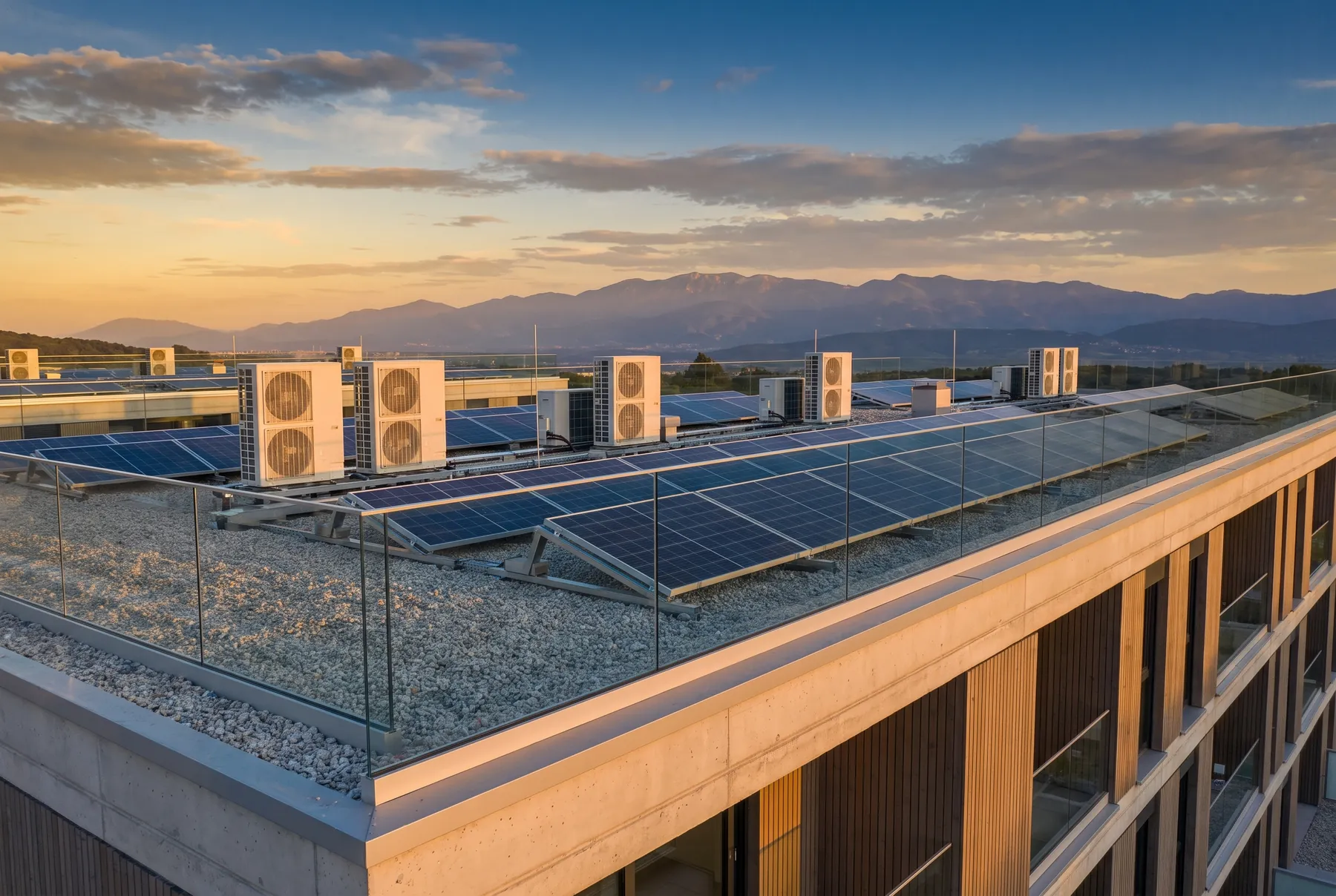 Cubierta con placas fotovoltaicas y equipos de aerotermia