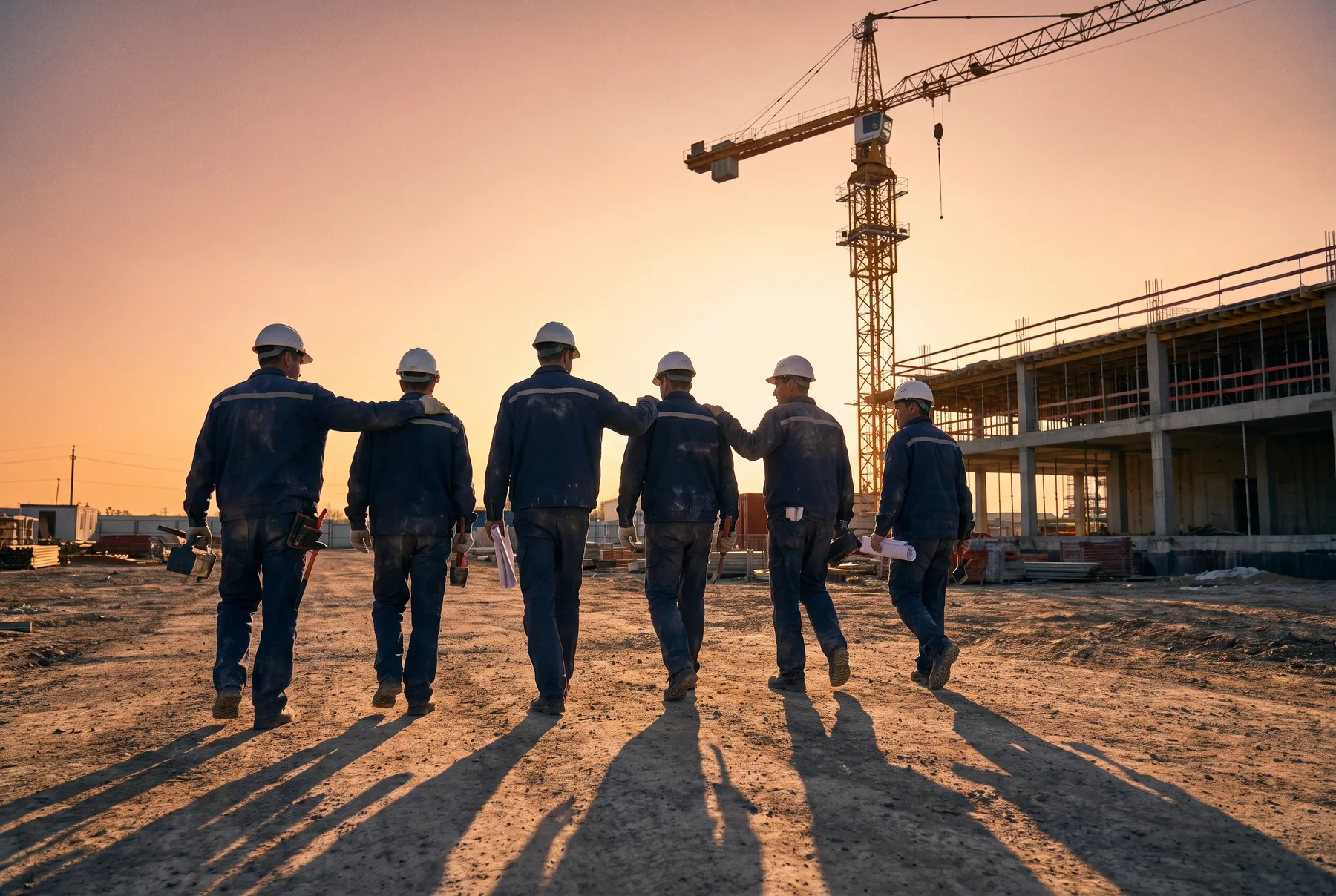 Equipo de obra caminando junto por el solar al amanecer