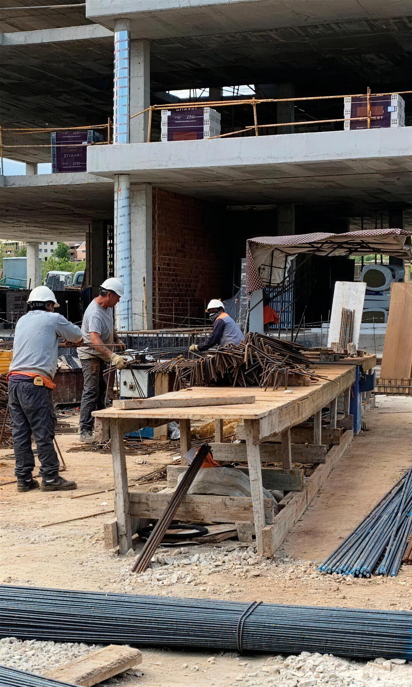 Operarios de Nistal y Bello trabajando la ferralla en obra